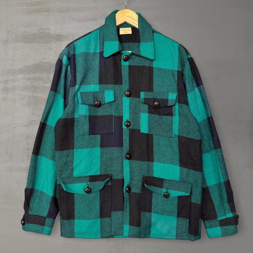 Vintage Handmade Wool Field‎ Jacket 60s Shacket Green Black Buffalo Plaid Large
